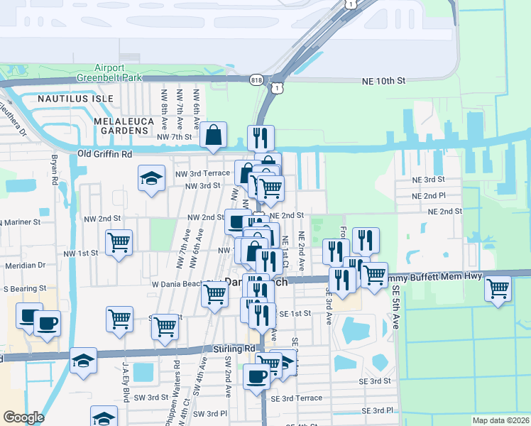 map of restaurants, bars, coffee shops, grocery stores, and more near 212 North Federal Highway in Dania Beach