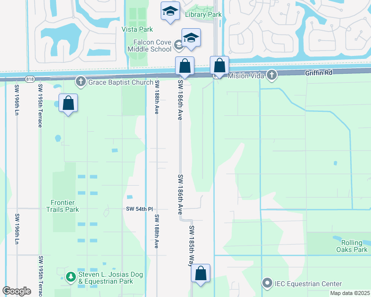 map of restaurants, bars, coffee shops, grocery stores, and more near 5130 Southwest 186th Avenue in Southwest Ranches