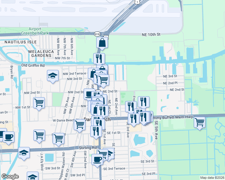 map of restaurants, bars, coffee shops, grocery stores, and more near 210 Northeast 1st Court in Dania Beach