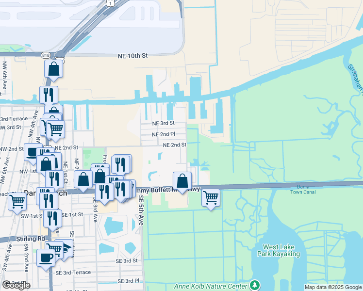 map of restaurants, bars, coffee shops, grocery stores, and more near 645 Northeast 2nd Street in Dania Beach