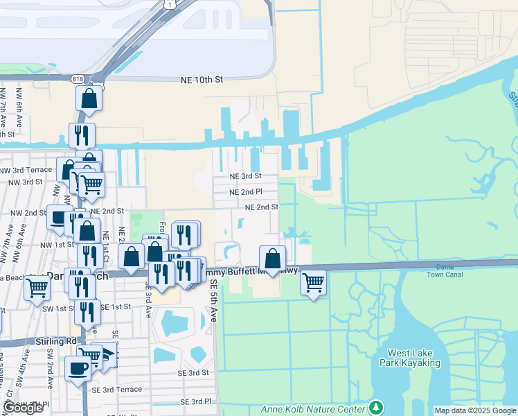 map of restaurants, bars, coffee shops, grocery stores, and more near 617 Northeast 2nd Street in Dania Beach