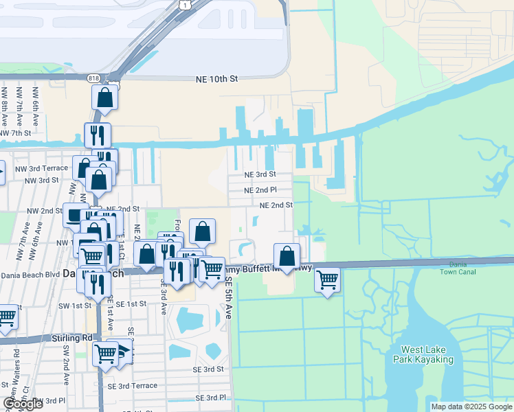map of restaurants, bars, coffee shops, grocery stores, and more near 617 Northeast 2nd Street in Dania Beach
