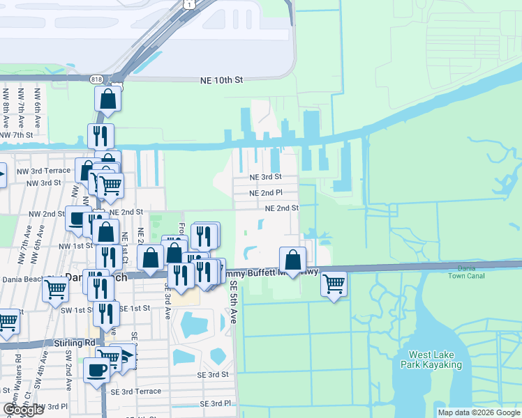 map of restaurants, bars, coffee shops, grocery stores, and more near 518 Northeast 2nd Place in Dania Beach