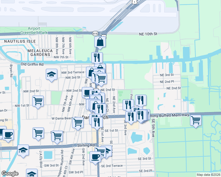 map of restaurants, bars, coffee shops, grocery stores, and more near 210 Northeast 1st Court in Dania Beach