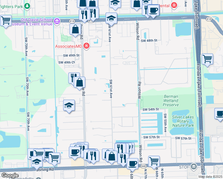 map of restaurants, bars, coffee shops, grocery stores, and more near 5200 Southwest 61st Avenue in Davie