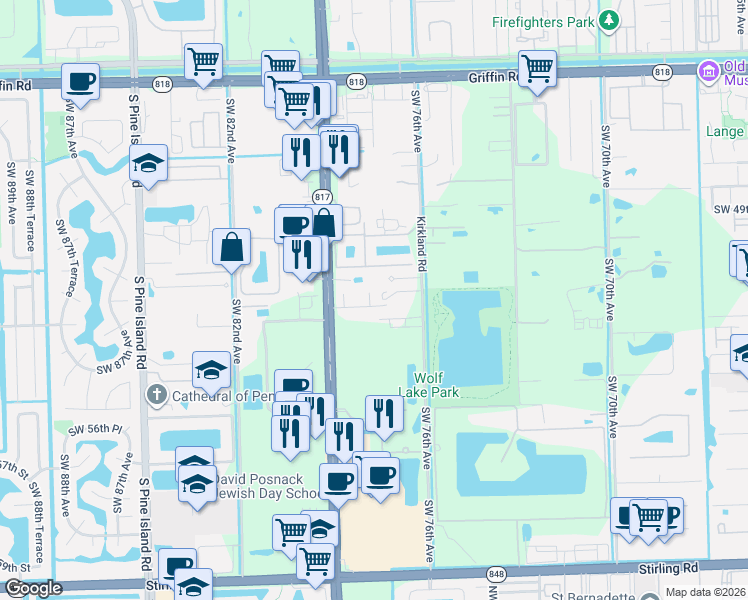 map of restaurants, bars, coffee shops, grocery stores, and more near 5224 Southwest 77th Way in Davie