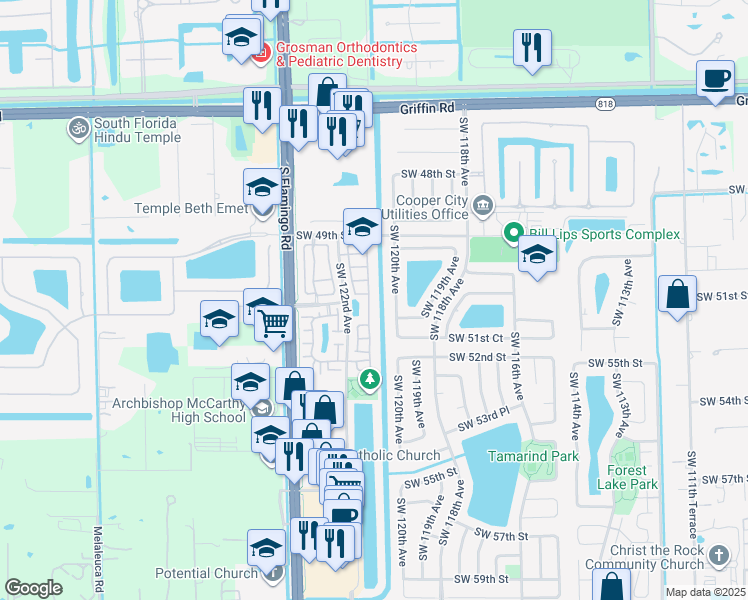 map of restaurants, bars, coffee shops, grocery stores, and more near 12141 Southwest 50th Place in Cooper City