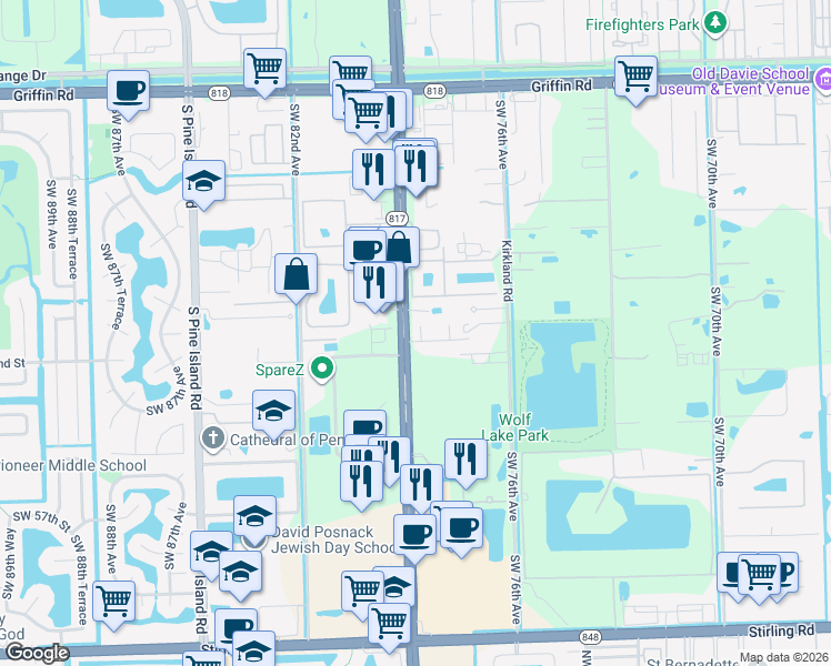 map of restaurants, bars, coffee shops, grocery stores, and more near 5250 South University Drive in Davie
