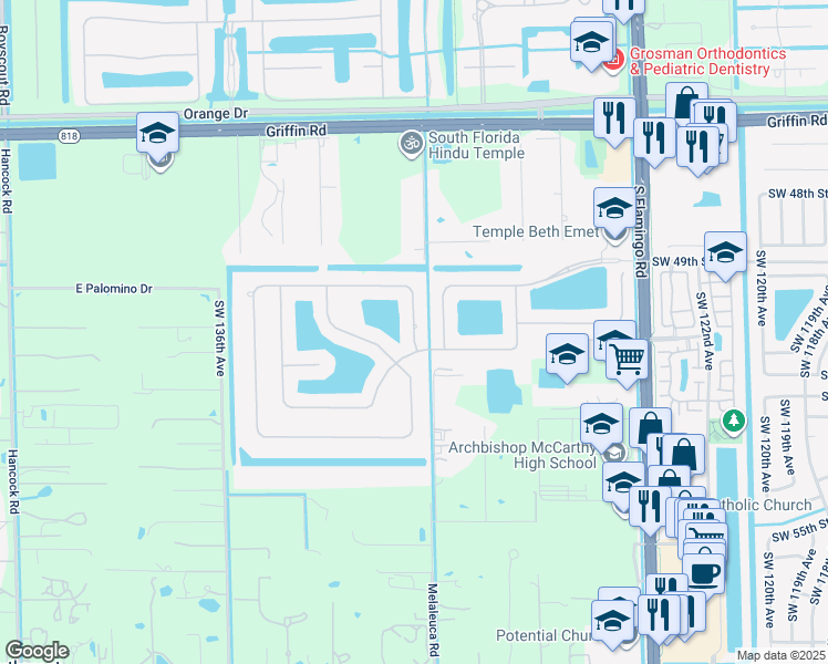 map of restaurants, bars, coffee shops, grocery stores, and more near 5054 Countrybrook Drive in Cooper City