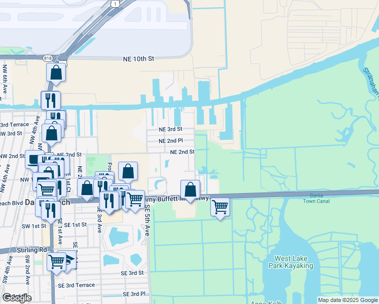 map of restaurants, bars, coffee shops, grocery stores, and more near 645 Northeast 2nd Street in Dania Beach