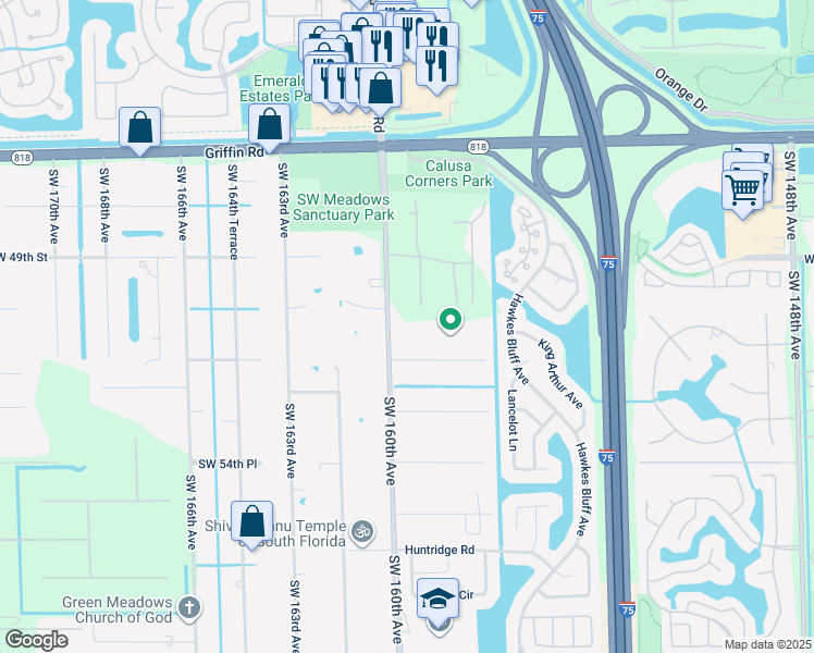 map of restaurants, bars, coffee shops, grocery stores, and more near 5052 Southwest 160th Avenue in Southwest Ranches