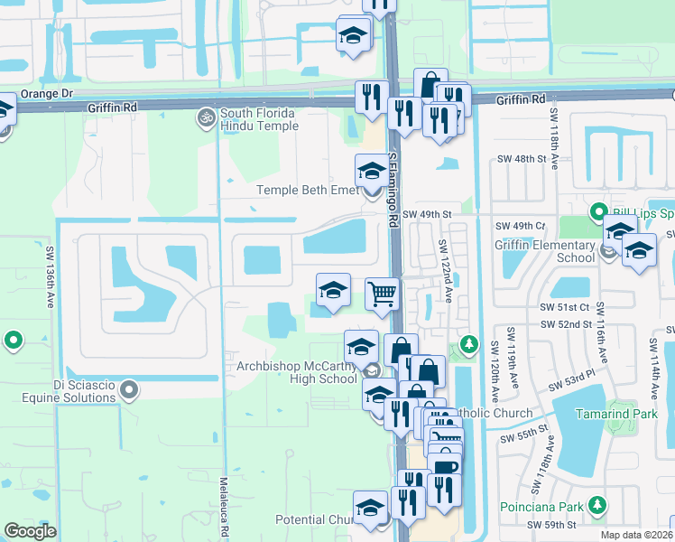 map of restaurants, bars, coffee shops, grocery stores, and more near 12611 Countryside Terrace in Cooper City