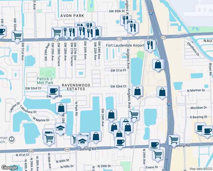 map of restaurants, bars, coffee shops, grocery stores, and more near 5290 Southwest 23rd Terrace in Fort Lauderdale