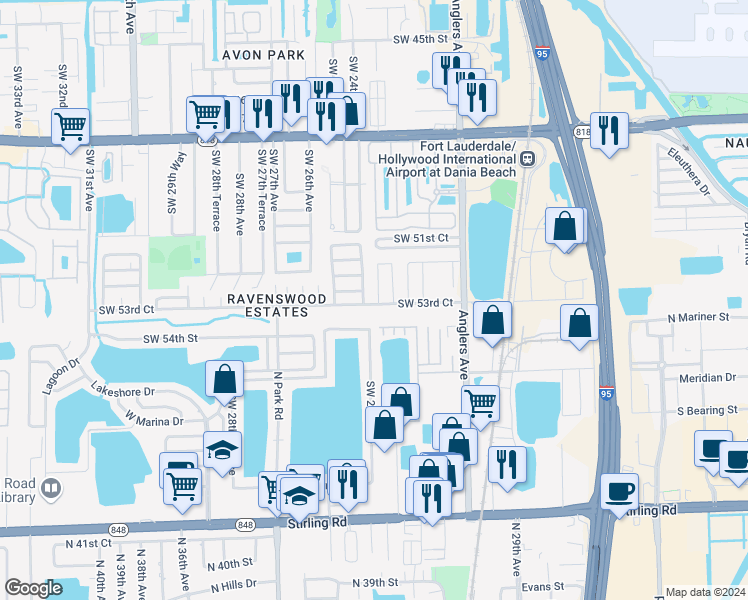 map of restaurants, bars, coffee shops, grocery stores, and more near 5290 Southwest 23rd Terrace in Fort Lauderdale