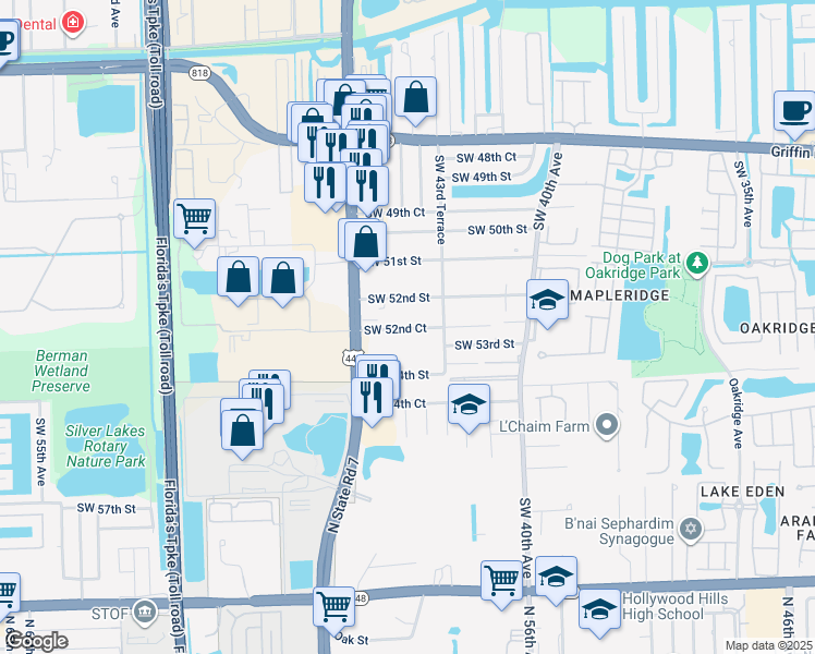 map of restaurants, bars, coffee shops, grocery stores, and more near 4361 Southwest 52nd Court in Fort Lauderdale