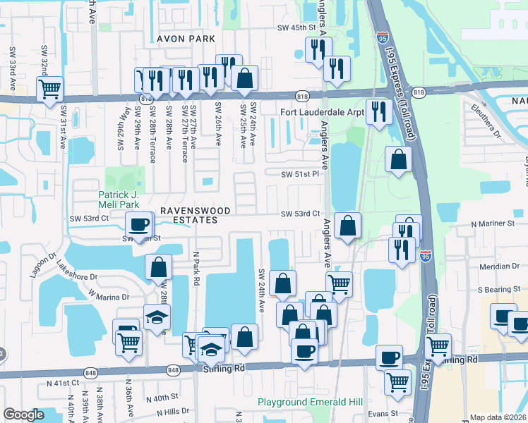 map of restaurants, bars, coffee shops, grocery stores, and more near 5290 Southwest 23rd Terrace in Fort Lauderdale