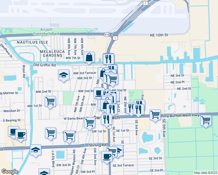 map of restaurants, bars, coffee shops, grocery stores, and more near 212 North Federal Highway in Dania Beach