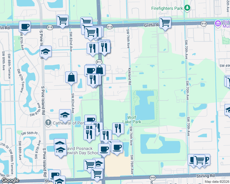 map of restaurants, bars, coffee shops, grocery stores, and more near 5224 Southwest 77th Way in Davie