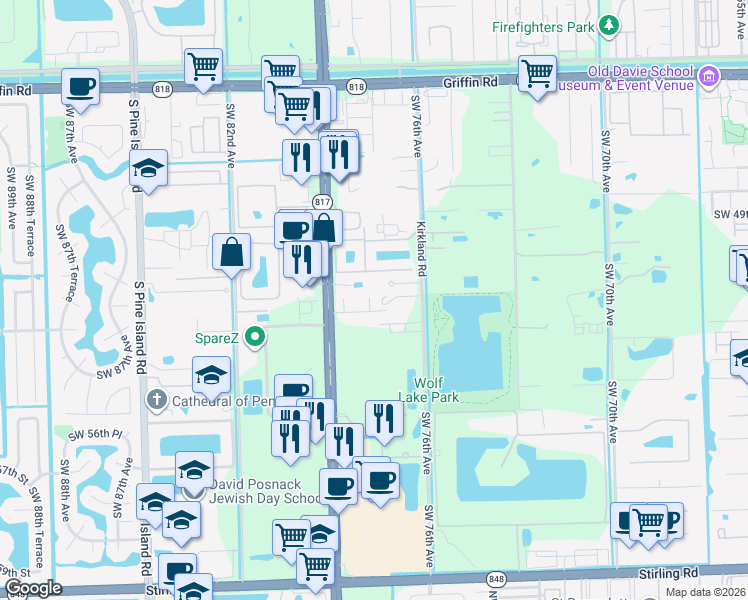 map of restaurants, bars, coffee shops, grocery stores, and more near 5224 Southwest 77th Way in Davie
