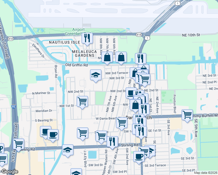 map of restaurants, bars, coffee shops, grocery stores, and more near 217 Northwest 7th Avenue in Dania Beach