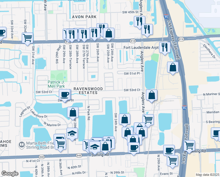 map of restaurants, bars, coffee shops, grocery stores, and more near 2447 Southwest 53rd Street in Fort Lauderdale