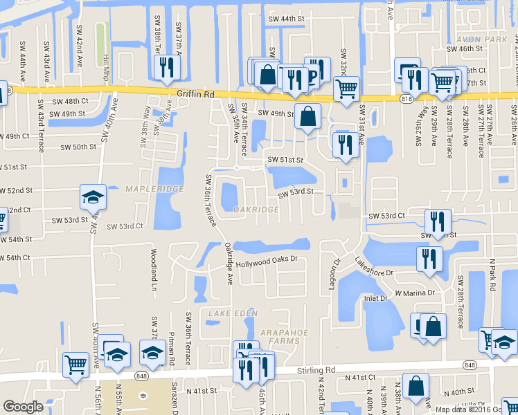 map of restaurants, bars, coffee shops, grocery stores, and more near 5334 Southwest 34th Street in Hollywood