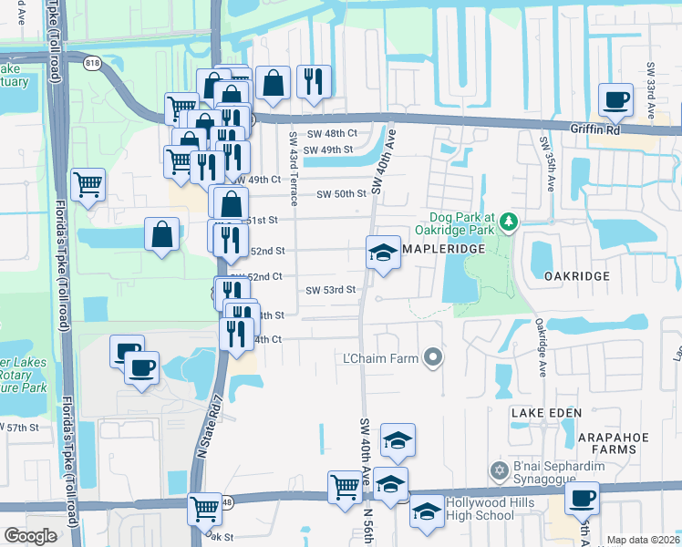 map of restaurants, bars, coffee shops, grocery stores, and more near 5243 Southwest 40th Avenue in Fort Lauderdale