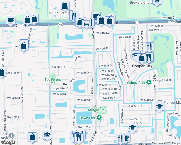 map of restaurants, bars, coffee shops, grocery stores, and more near 10131 Southwest 50th Court in Cooper City