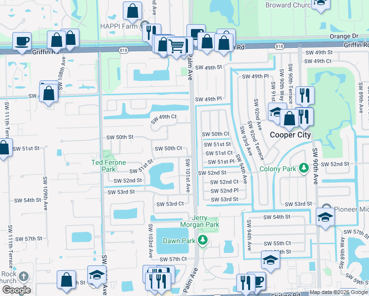map of restaurants, bars, coffee shops, grocery stores, and more near 10131 Southwest 50th Court in Cooper City