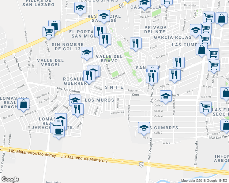 map of restaurants, bars, coffee shops, grocery stores, and more near 534 Licenciado E. Cedillo Ponce de León in Reynosa