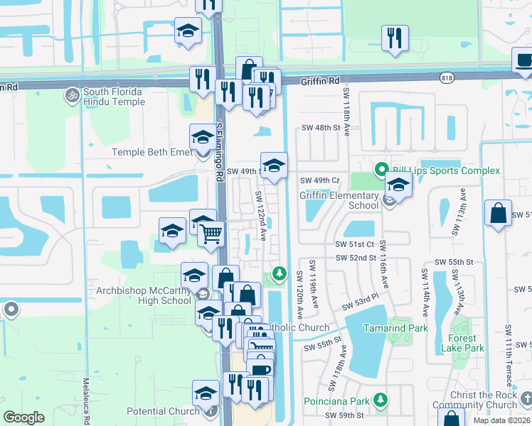 map of restaurants, bars, coffee shops, grocery stores, and more near 5057 Southwest 121st Terrace in Cooper City
