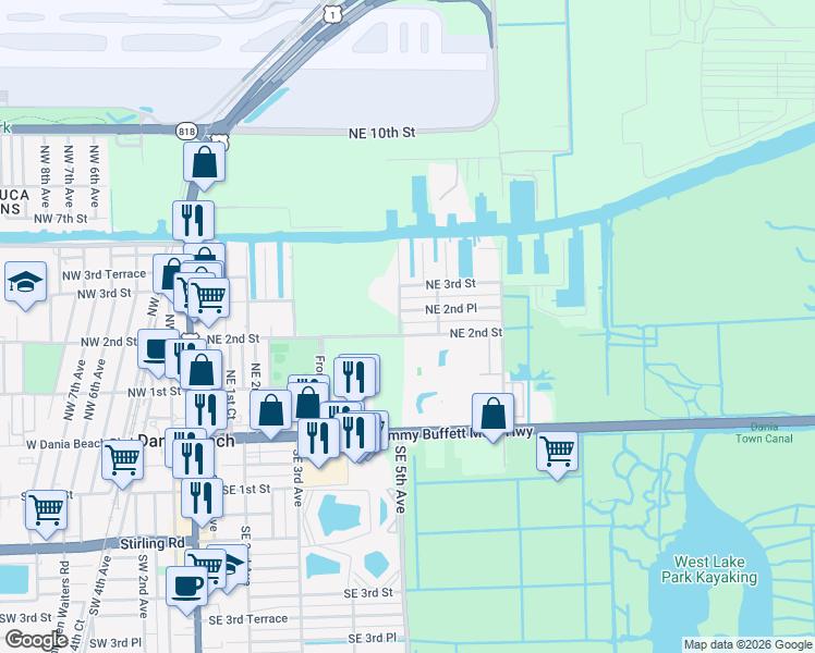 map of restaurants, bars, coffee shops, grocery stores, and more near 206 Northeast 5th Avenue in Dania Beach