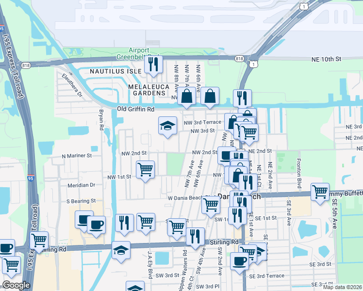 map of restaurants, bars, coffee shops, grocery stores, and more near 220 Northwest 9th Avenue in Dania Beach