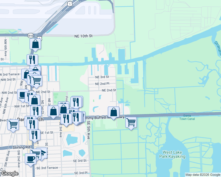map of restaurants, bars, coffee shops, grocery stores, and more near 617 Northeast 2nd Street in Dania Beach