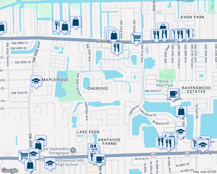 map of restaurants, bars, coffee shops, grocery stores, and more near 5330 Southwest 33rd Way in Fort Lauderdale