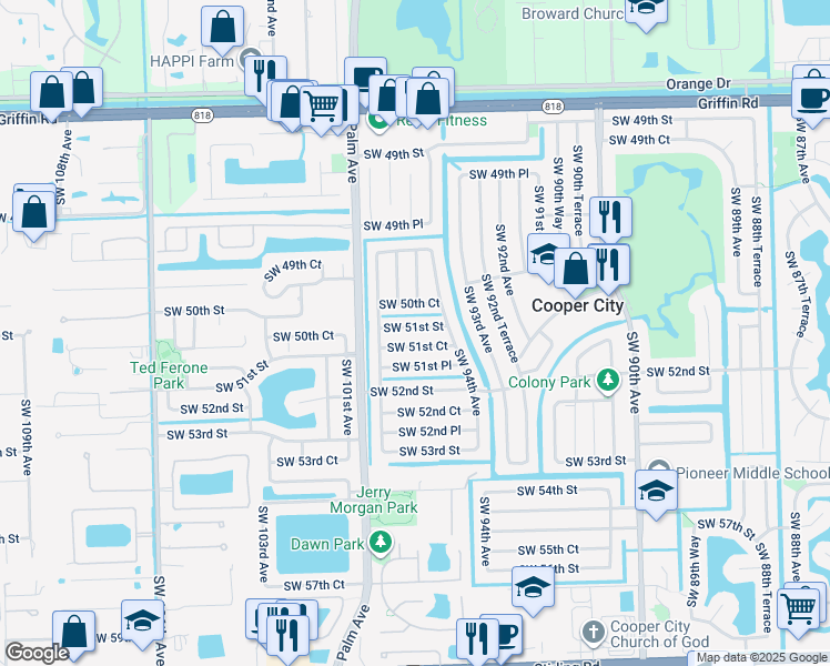 map of restaurants, bars, coffee shops, grocery stores, and more near 9440 Southwest 51st Street in Cooper City