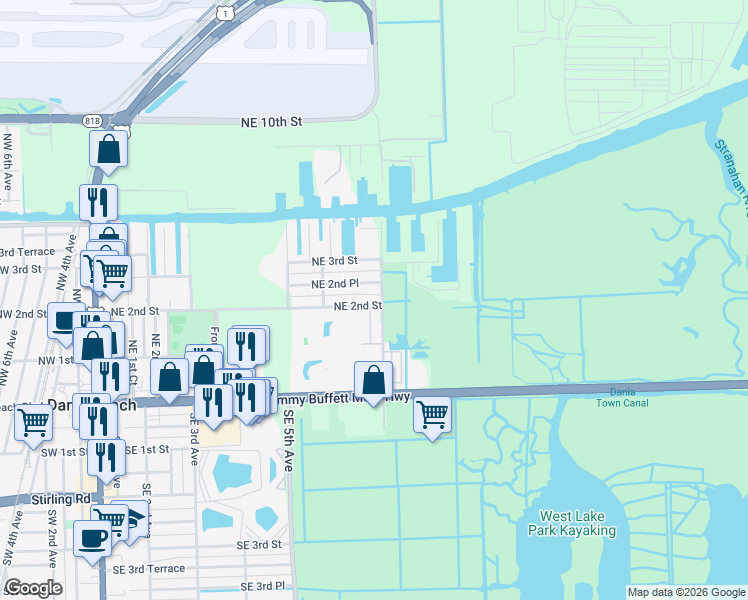map of restaurants, bars, coffee shops, grocery stores, and more near 645 Northeast 2nd Street in Dania Beach