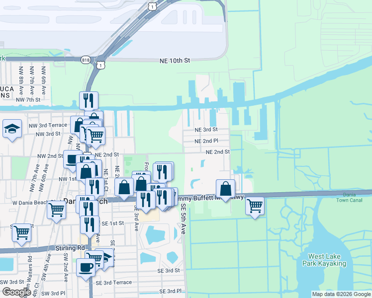 map of restaurants, bars, coffee shops, grocery stores, and more near 206 Northeast 5th Avenue in Dania Beach