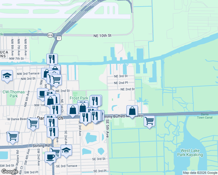 map of restaurants, bars, coffee shops, grocery stores, and more near 441 Northeast 2nd Street in Dania Beach