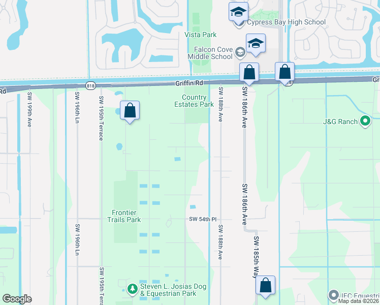 map of restaurants, bars, coffee shops, grocery stores, and more near 18950 Southwest 50th Street in Southwest Ranches