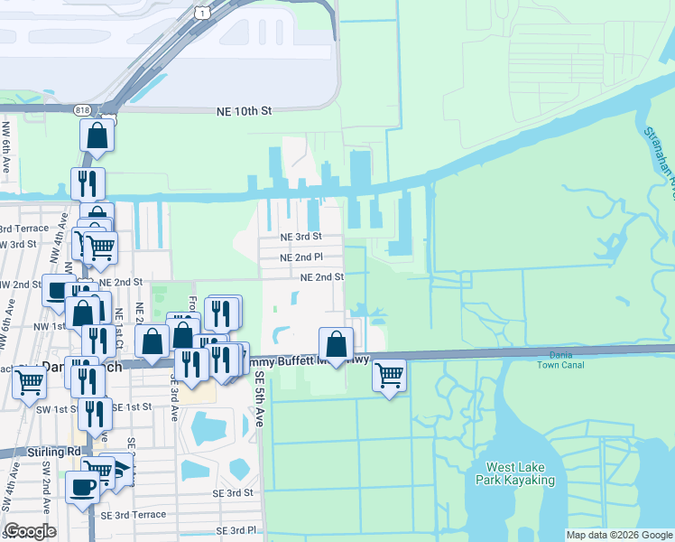 map of restaurants, bars, coffee shops, grocery stores, and more near 645 Northeast 2nd Street in Dania Beach