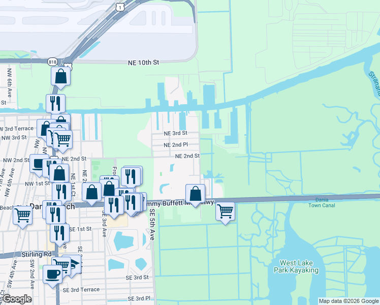 map of restaurants, bars, coffee shops, grocery stores, and more near 617 Northeast 2nd Street in Dania Beach
