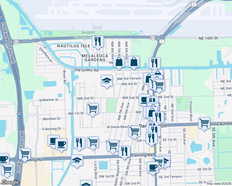 map of restaurants, bars, coffee shops, grocery stores, and more near 220 Northwest 9th Avenue in Dania Beach