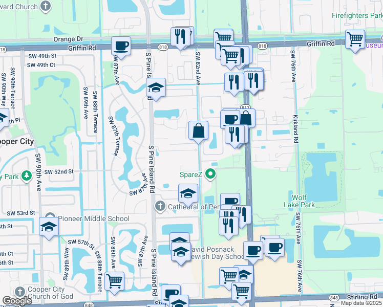 map of restaurants, bars, coffee shops, grocery stores, and more near 8202 Southwest 51st Street in Cooper City