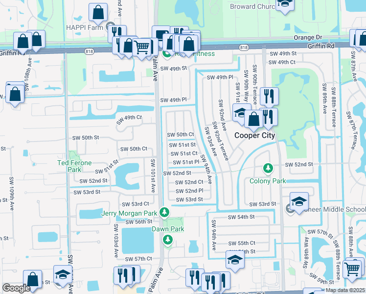 map of restaurants, bars, coffee shops, grocery stores, and more near 9456 Southwest 51st Street in Cooper City