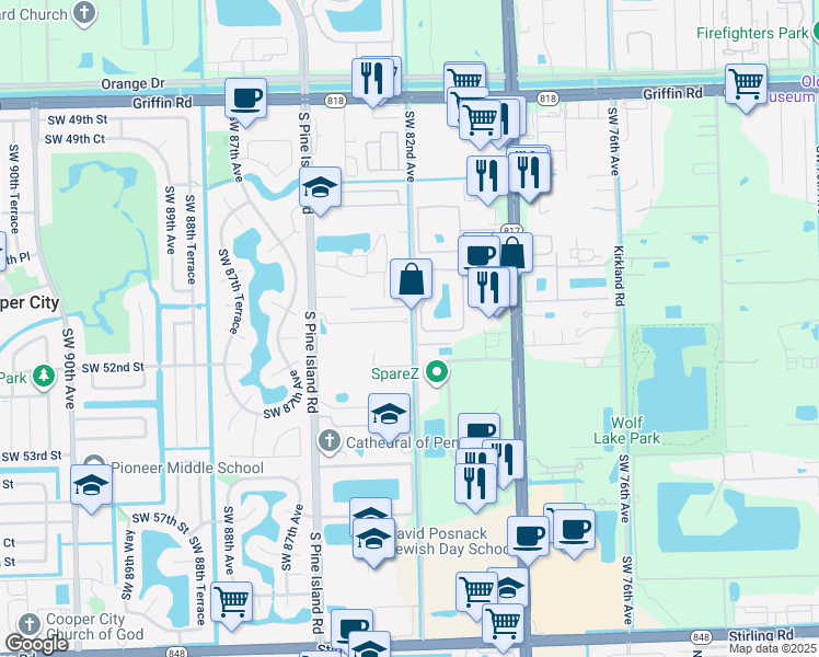 map of restaurants, bars, coffee shops, grocery stores, and more near 8202 Southwest 51st Street in Cooper City