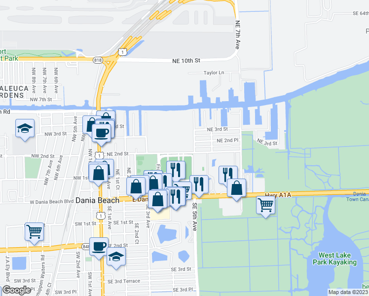 map of restaurants, bars, coffee shops, grocery stores, and more near 441 Northeast 2nd Street in Dania Beach