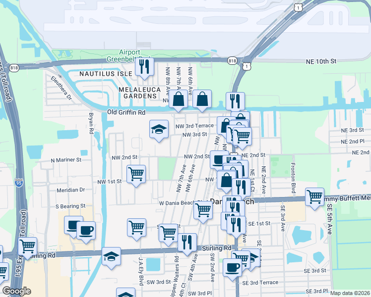 map of restaurants, bars, coffee shops, grocery stores, and more near 217 Northwest 7th Avenue in Dania Beach