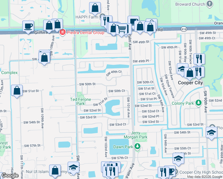 map of restaurants, bars, coffee shops, grocery stores, and more near 10221 Southwest 50th Court in Cooper City