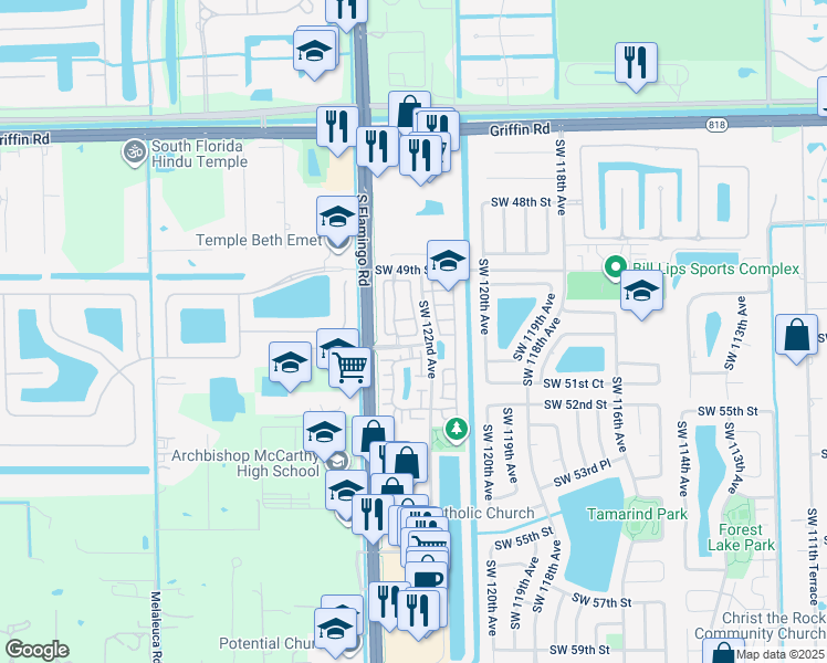 map of restaurants, bars, coffee shops, grocery stores, and more near 5077 Southwest 122nd Terrace in Cooper City